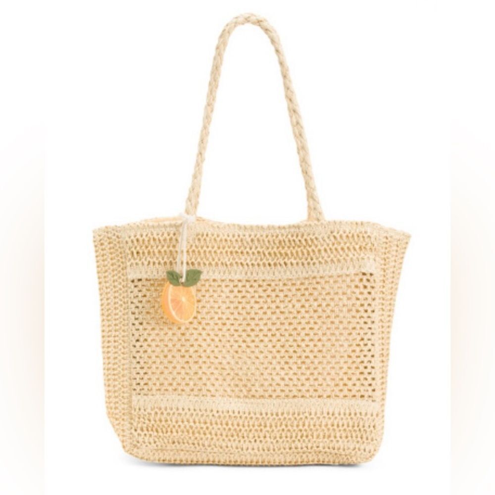 NEW Studio Collection Rattan Straw Tote Bag Purse Orange Charm Natural 18" x 14"